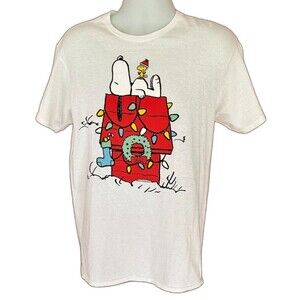 Peanuts Men's Snoopy Woodstock Christmas Dog House White T-Shirt Size Medium